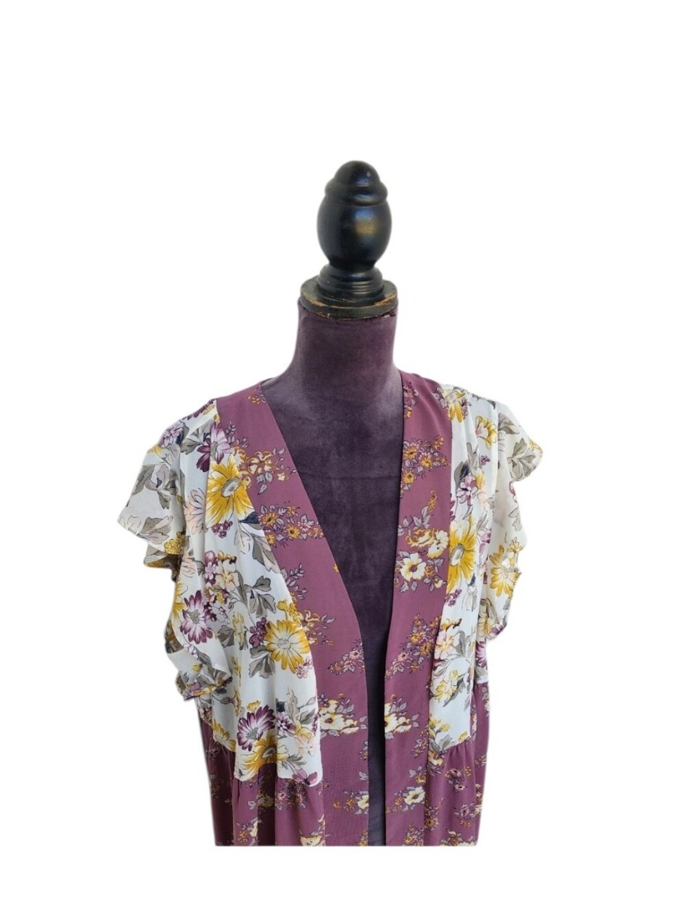 Cato’s Women’s Pink Yellow Floral Open Front Cardigan Duster Ruffle Sz XL - Picture 4 of 6